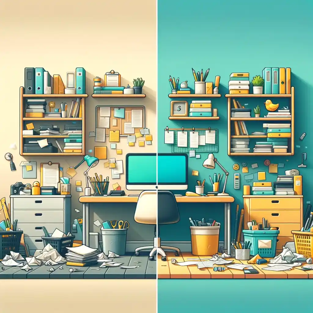 A feature image showing a cluttered versus organized home office for the 'Declutter' app, highlighting a transformative, neat workspace with a bright, inviting color palette.