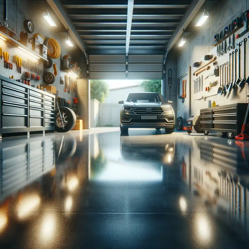 "Spotless garage floor with neatly organized tools and a shiny parked car."